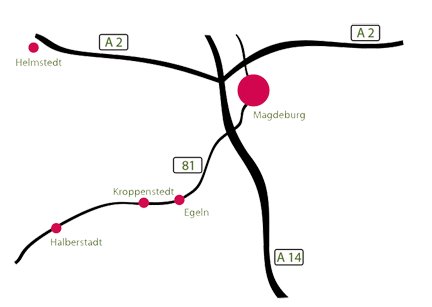Anfahrtsskizze: Magdeburg, A2, A14, B81, Kroppenstedt